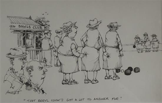 Two pairs of pen and ink cartoons by Honeysett and Ken Pine, largest 19 x 25cm